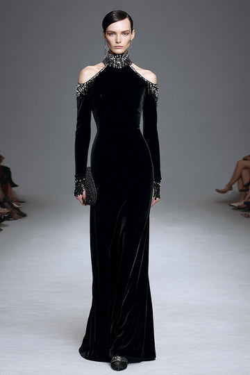 Sammet Svart Hög Hals Långärmad Formell Klänning